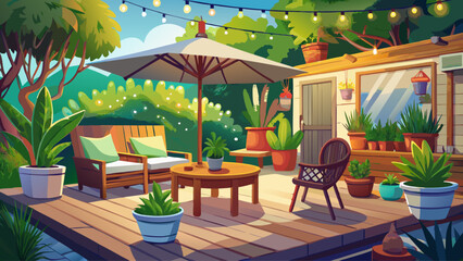 Obraz premium Cozy outdoor patio with wooden furniture, potted plants, and warm lighting, perfect for evening relaxation in a backyard setting