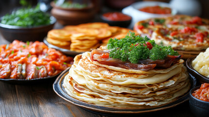 A table filled with various dishes including pancakes and salads for a delicious and varied meal spread