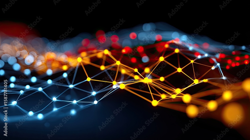 Poster network data flow: an artistic depiction of interconnected data streams, rendered in vibrant neon co