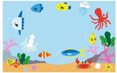 魚介類イラストフレーム背景素材