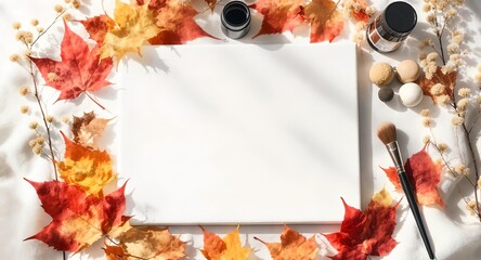 Blank Canvas Art Composition with Autumn Leaves Paintbrush and Artistic Elements