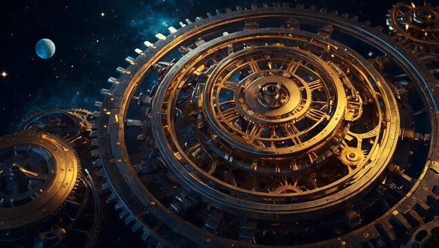 A cosmic mechanical system where planets rotate like gears, starry space background, steampunk celestial design, glowing metal elements, high contrast lighting, detailed concept art, no people