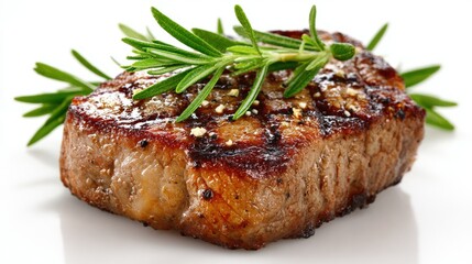 Grilled steak garnished with fresh rosemary, showcasing juicy texture and perfect grill marks, on a white background.