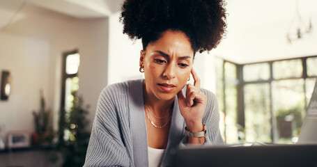Confused, thinking and woman with laptop, home or proofreading article with mistake on web or...