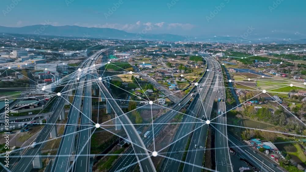 Poster 道路、交通、高速、ネットワーク、iot、自動運転、未来、空撮、ドローン、ワイヤレス、5g、システム、自動車、its、maas、自動、運転、センサー、ai、クラウド、通信、モビリティ、ビッグデータ、リア