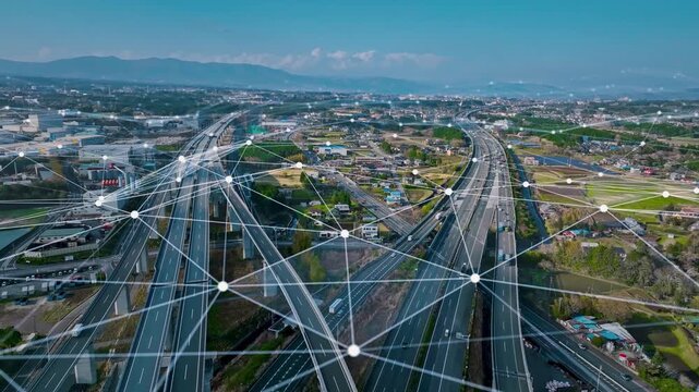 道路、交通、高速、ネットワーク、IoT、自動運転、未来、空撮、ドローン、ワイヤレス、5G、システム、自動車、ITS、MaaS、自動、運転、センサー、AI、クラウド、通信、モビリティ、ビッグデータ、リアルタイム、解析、データ、制御、接続、無人、移動、衛星、GPS、通信網、社会、情報、インフラ、トラフィック、運行、効率化、災害、緊急、信号、V2X、スマート、管理、渋滞、都市、建設、CG