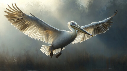 A pelican soars gracefully through the air with its wings spread wide against a cloudy sky backdrop