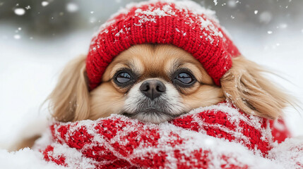 A cute chihuahua dog wearing a red knitted hat and scarf in the snow during a winter season outdoors