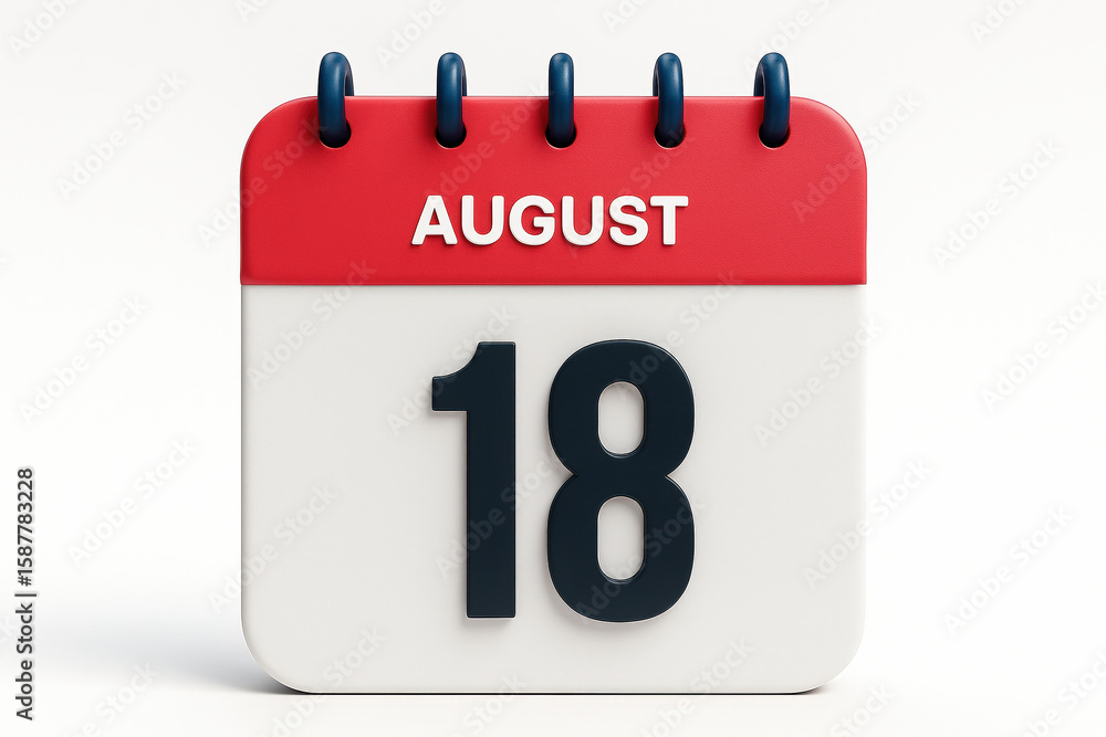 Poster august eighteenth calendar page displaying a specific date with a red top and blue rings on a white 
