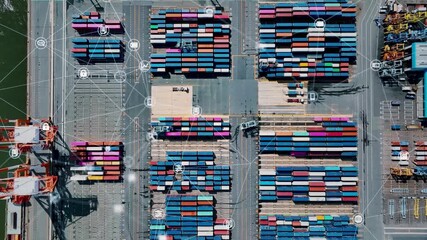 container, logistics, dx, digital transformation, technology, tech, container yard, bird eye view, drone, aerial view, future, system, trade, traceability, port, transportation, traffic, supply chain, - Powered by Adobe