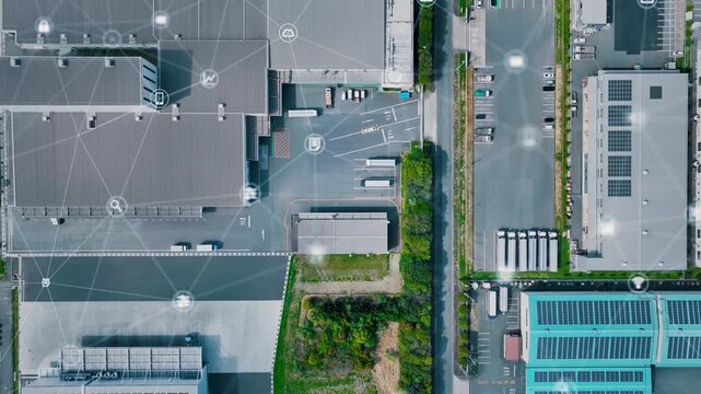 工業地帯真俯瞰空撮と通信ネットワークのコンセプト