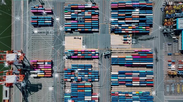 container, logistics, dx, digital transformation, technology, tech, container yard, bird eye view, drone, aerial view, future, system, trade, traceability, port, transportation, traffic, supply chain,
