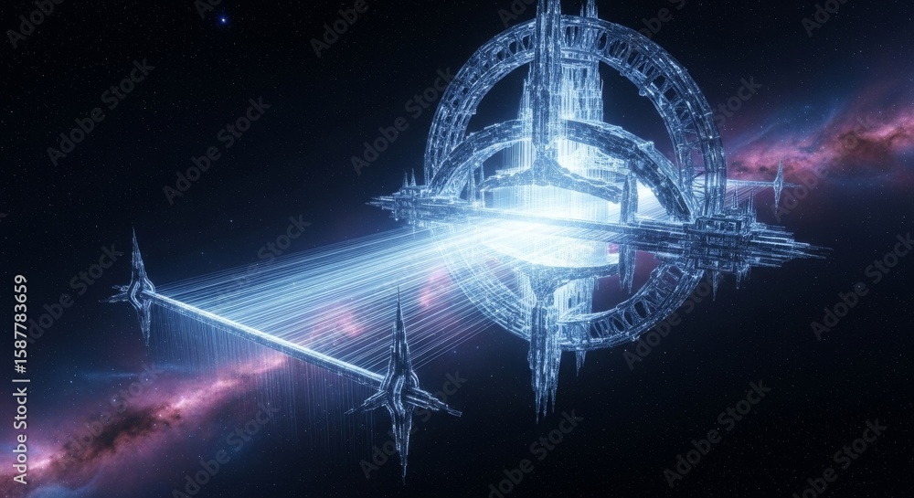 Poster celestial gateway in deep space - futuristic spaceship, glowing energy beams, traversing cosmos, vib
