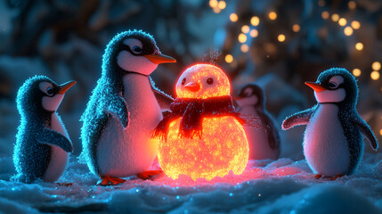 A group of penguins gathered around a glowing snowman in a festive christmas scene with bokeh lights