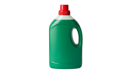 Green laundry detergent bottle with red cap for washing clothes and household cleaning supplies usage product on transparent background