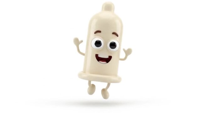 Cartoon of a happy, joyfully jumping condom promoting safe sex. Suitable for sexual health, education, and contraception awareness projects.