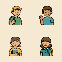 Illustration of happy students wearing colorful outfits and backpacks, waving and holding books, on soft beige canvas