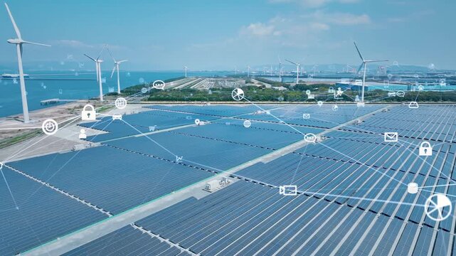 environment, network, mega solar, sdgs, sustainability, smart grid, renewable energy, technology, gx, sx, dx, future, drone, aerial view, solar power generation, solar panel, wind power generation, wi