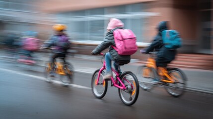 Fototapeta premium Children with backpacks ride bicycles on a city street, creating a dynamic and vibrant scene with motion blur.