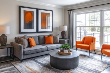 Fototapeta premium Modern interior design of a cozy living room with a gray sofa and coffee tables, Generative AI