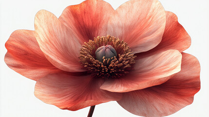 Close up of a light pink flower with a dark center against a white background in soft focus style