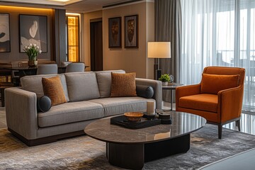 Fototapeta premium Modern interior design of a cozy living room with a gray sofa and coffee tables, Generative AI