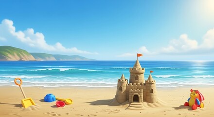 Whimsical beach scene with sandcastle, playful toys, and serene ocean view that evokes childhood joy