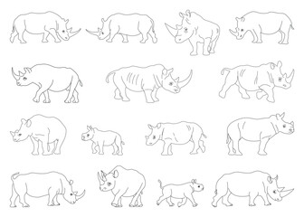 Set of line drawing silhouettes of rhinos in different poses. Excellent illustration. Isolated background. Vector illustration.