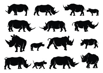 Set of silhouettes of rhinoceros in different poses, isolated background. Vector illustration.
