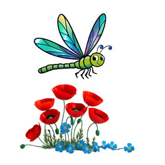 Playful Insect and Blooming Flowers in Bright Spring Scene

