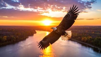 Majestic bald eagle soaring over a tranquil river at sunset