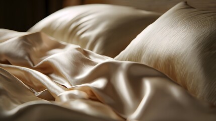 Intricate Close-Up of Luxurious Beige Silk Bedding and Plush Pillows with Elegant Soft Lighting and Detailed Texture