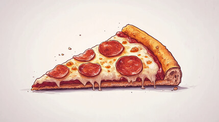 A pepperoni pizza slice with melted cheese and a golden crust against a white background view close up