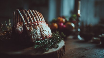 A rustic wooden table setting featuring a raw rack of lamb garnished with herbs, surrounded by candlelight and fresh fruits in a cozy, dimly-lit atmosphere.