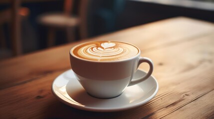 Fototapeta premium Latte art in a cup on a wooden table.