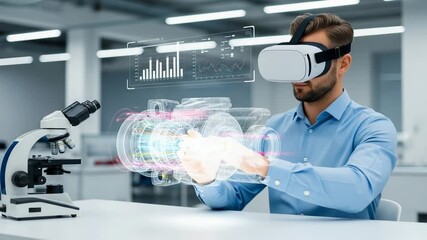 An engineer wearing a vr headset is analyzing a 3d model of a machine with data visualization in a high tech laboratory - Powered by Adobe
