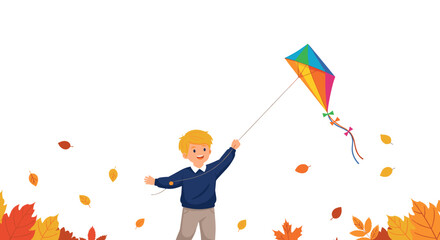 Boy playing with colorful kite in autumn leaves illustration