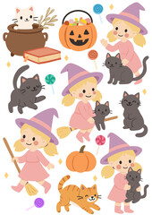Halloween Witch Girl with Cats and Candy – Sticker Set