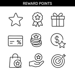 Set of reward points outline icons with star, badge, gift, coin, discount card, money, shopping bag, hand, and target