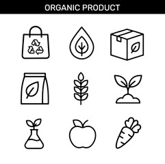 Set of organic product outline icons with shopping bag, leaf drop, eco box, fertilizer bag, wheat, plant sprout, lab flask, apple, and carrot
