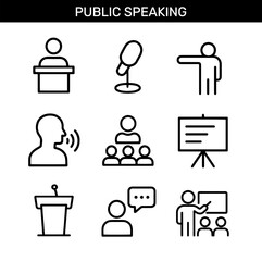 Set of public speaking outline icons with podium, microphone, speaker, audience, presentation board, conversation, lecture, and discussion