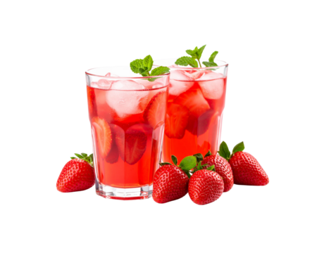 Two glasses of refreshing red strawberry lemonade with ice cubes sliced fruit and fresh mint garnish.