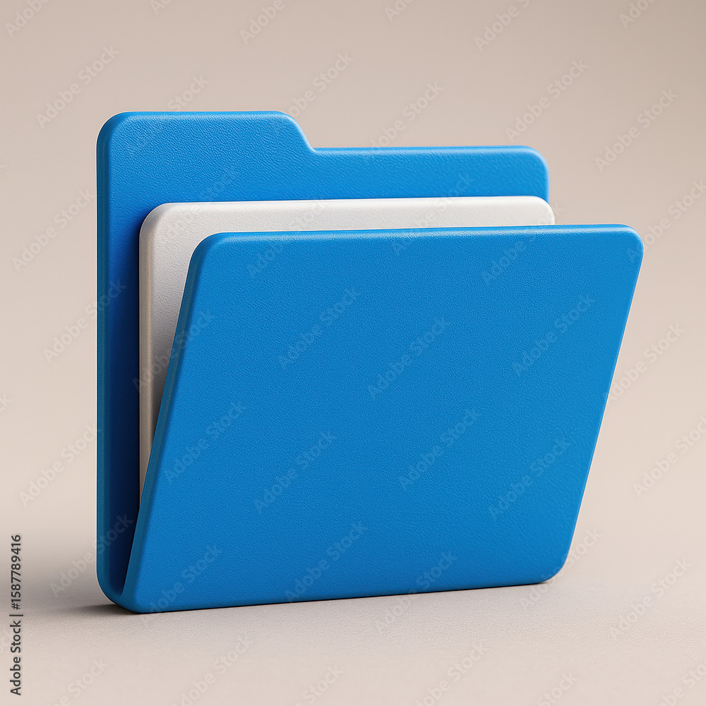 Poster blue folder icon with white documents on beige background represents data storage and organization f