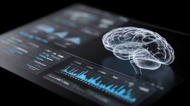 A digital brain hologram displayed on a futuristic touchscreen interface with data graphs and analytics, symbolizing AI and technology.