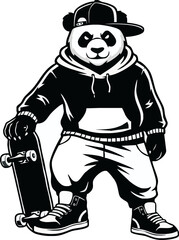 Panda bear character wearing a hoodie and cap, holding a skateboard, in a cartoon style.