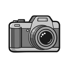 A stylized, simplified illustration of a digital camera, depicted in shades of gray with black outlines.