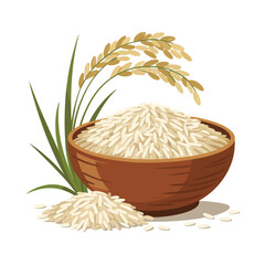 Brown Rice in Wooden Bowl with Rice Plants
