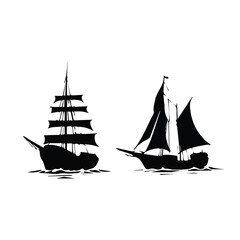 Two sailing ship silhouettes on a white background. Silhouette of two sailing ships, one with multiple masts, sailing on a body of water, in a graphic design style.