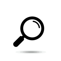 A simple black and white illustration of a magnifying glass with a handle and lens, casting a soft shadow.