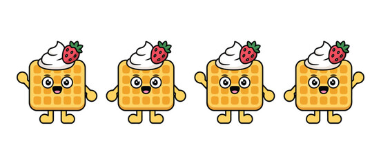 Cute Cartoon Waffles with Whipped Cream and Strawberries